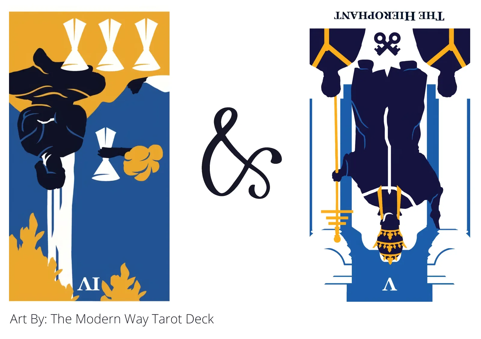 four of cups reversed and the hierophant reversed tarot cards together