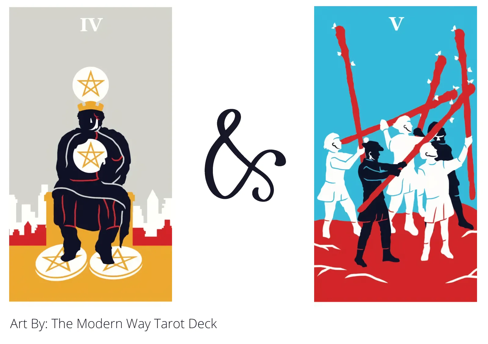four of pentacles and five of wands tarot cards together