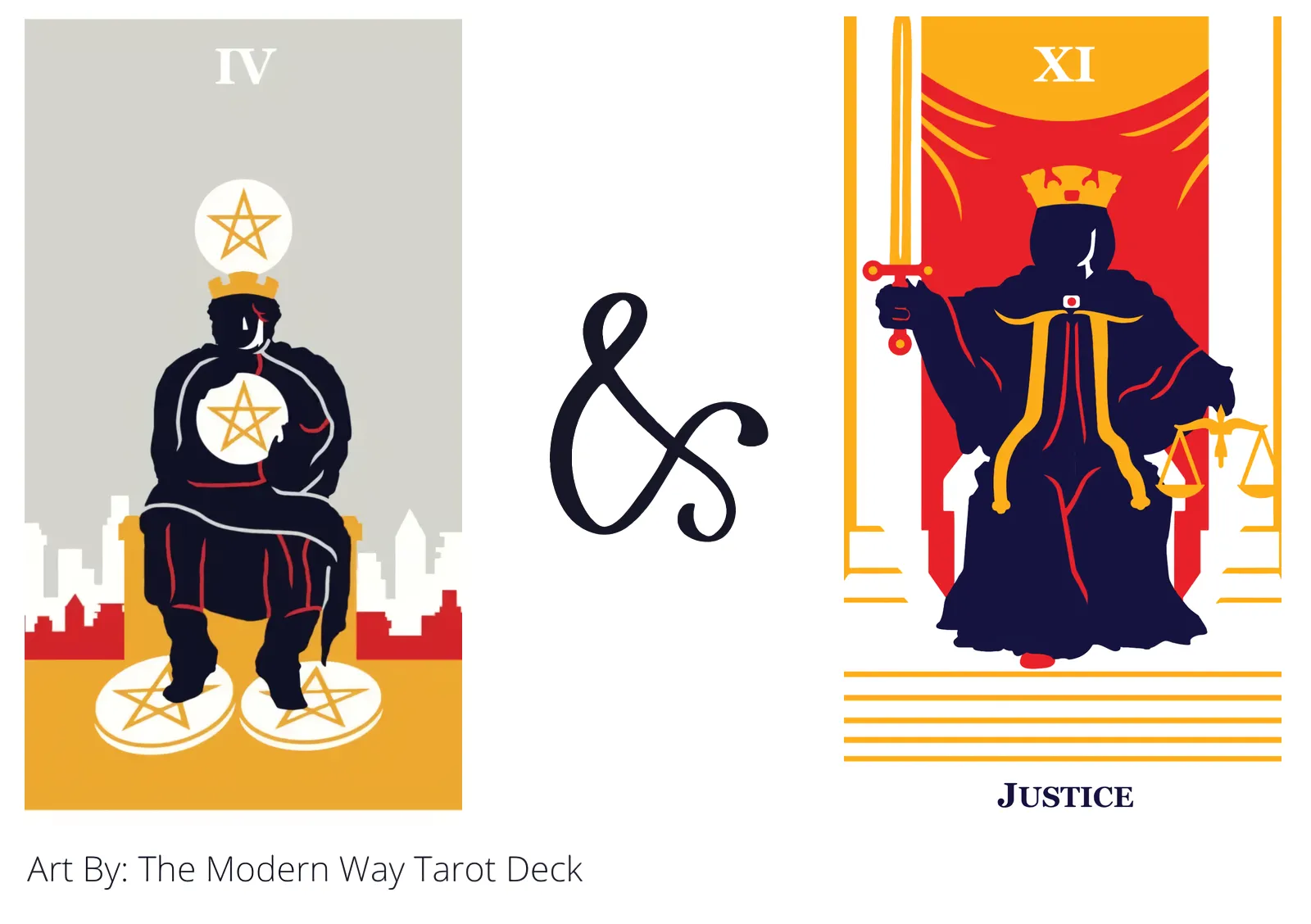 four of pentacles and justice tarot cards together