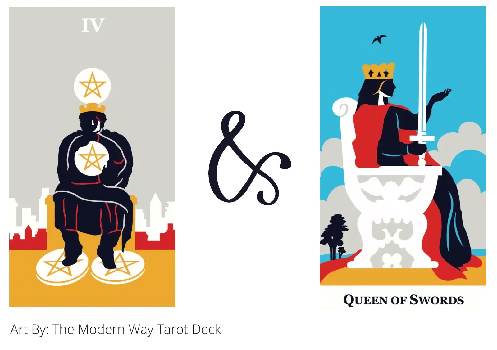 four of pentacles and queen of swords tarot cards together