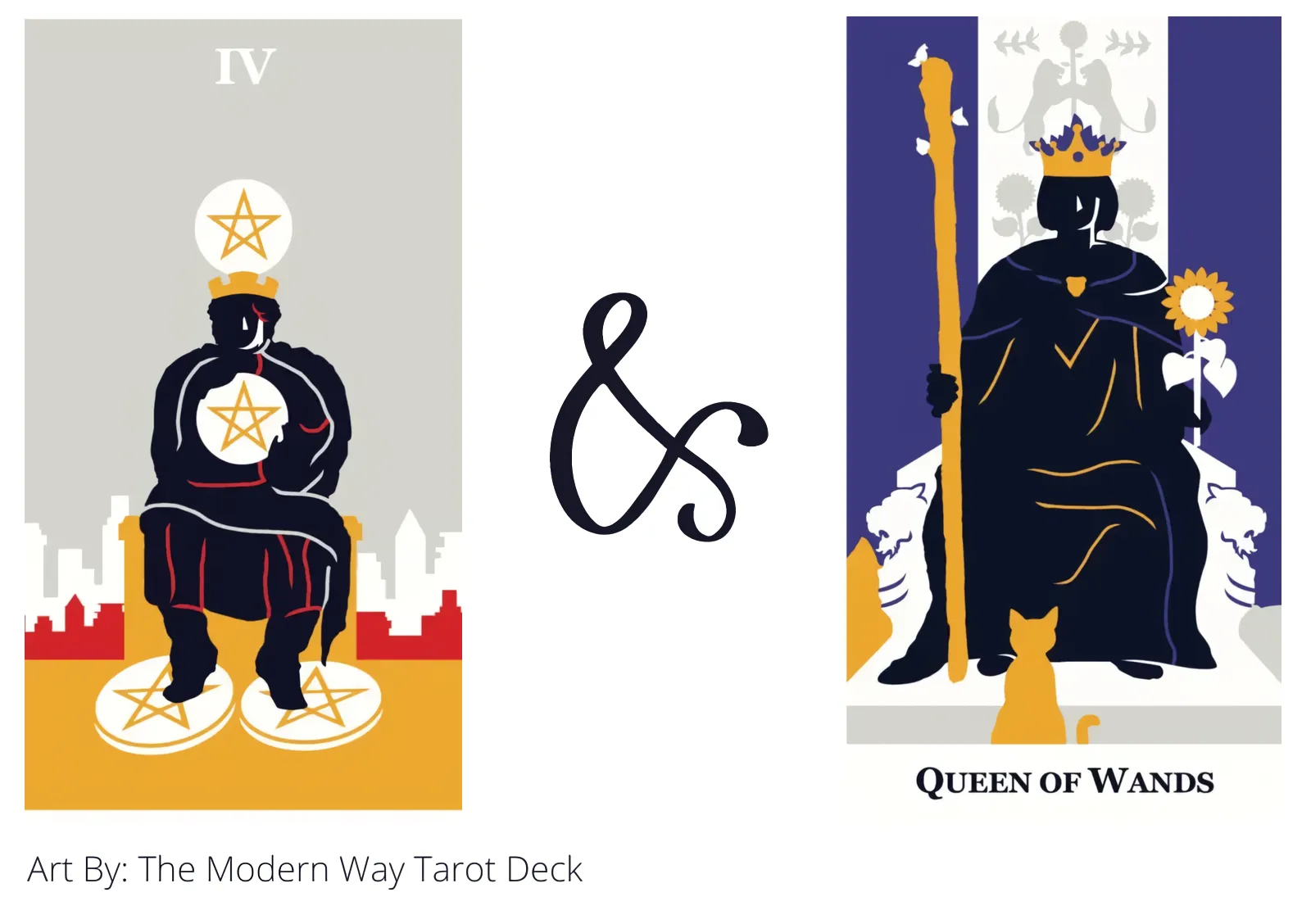 four of pentacles and queen of wands tarot cards together