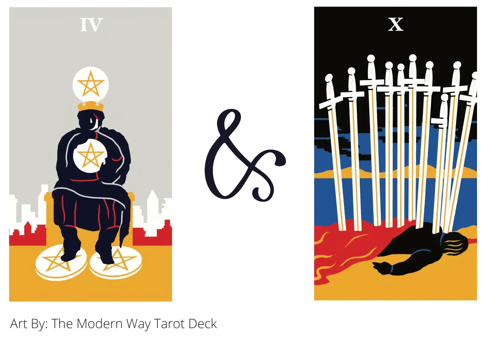 four of pentacles and ten of swords tarot cards together