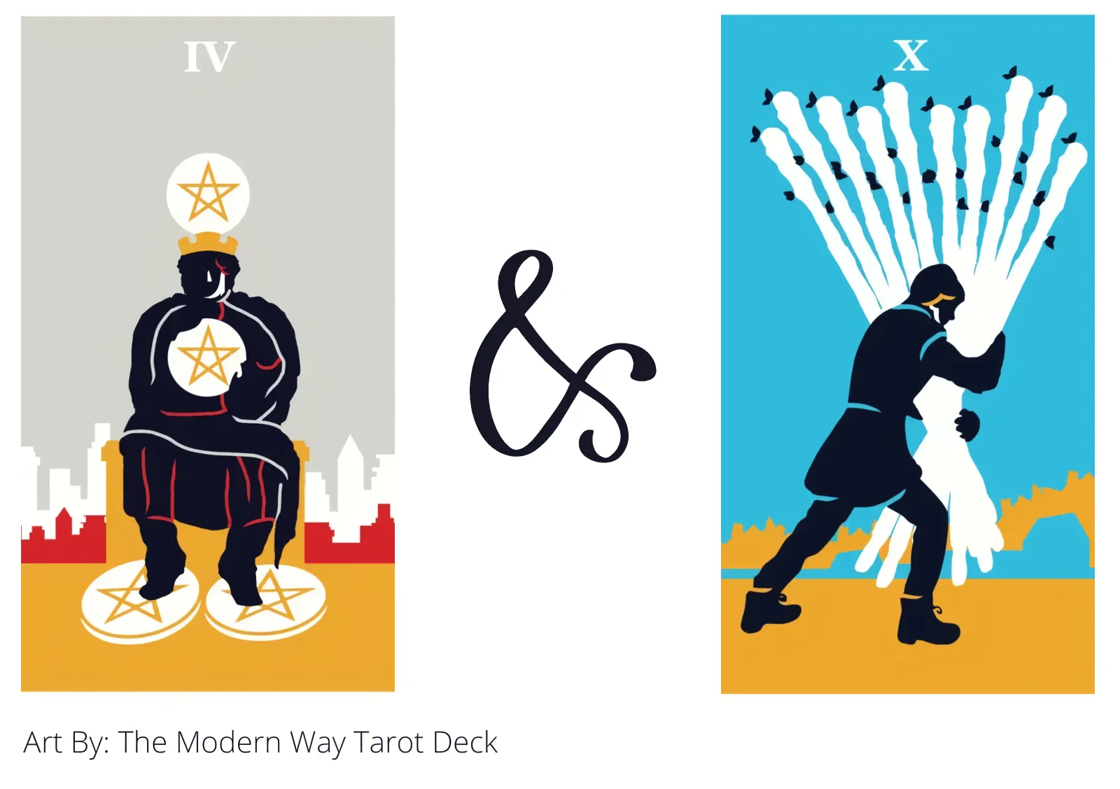 four of pentacles and ten of wands tarot cards together