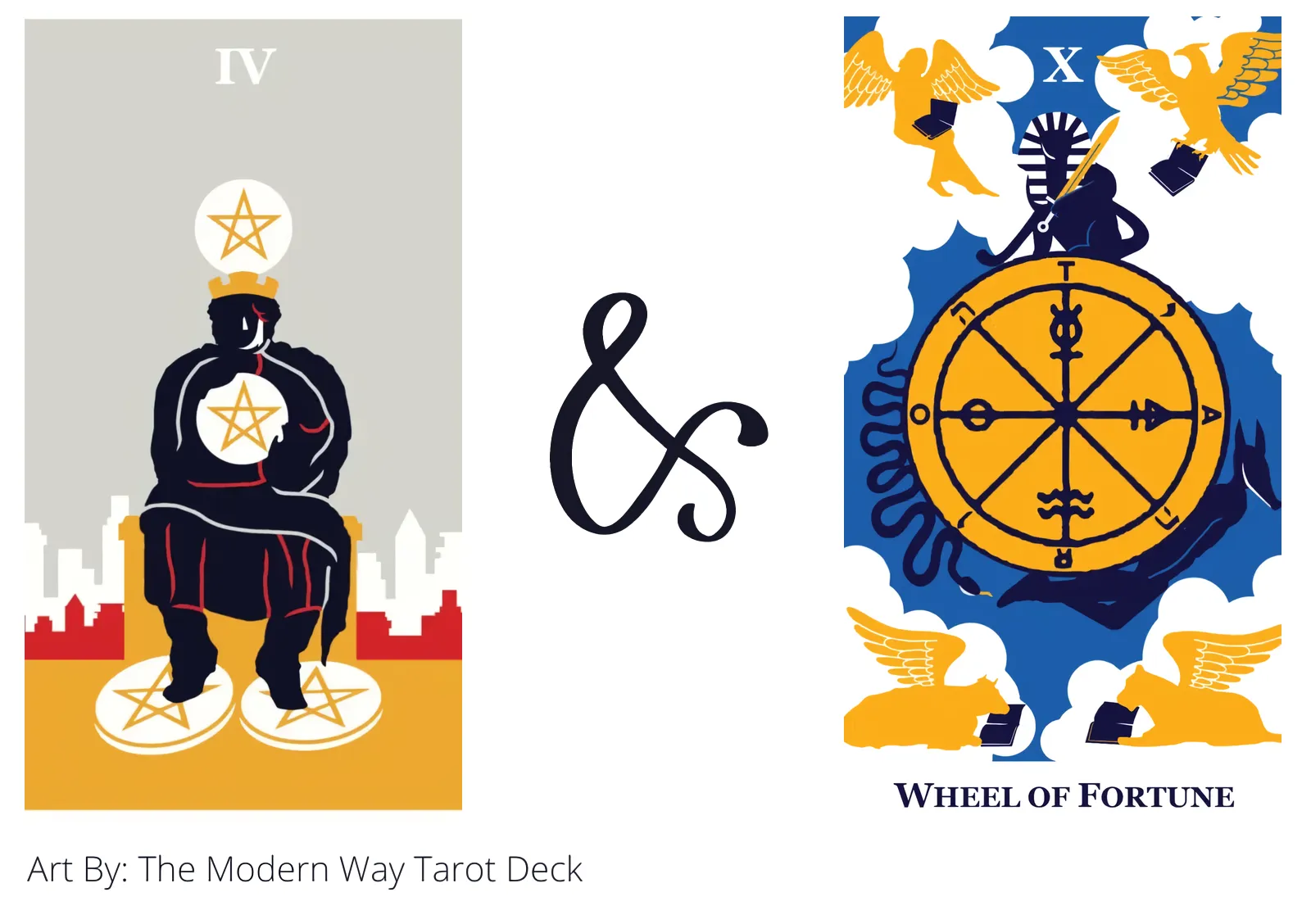 four of pentacles and wheel of fortune tarot cards together