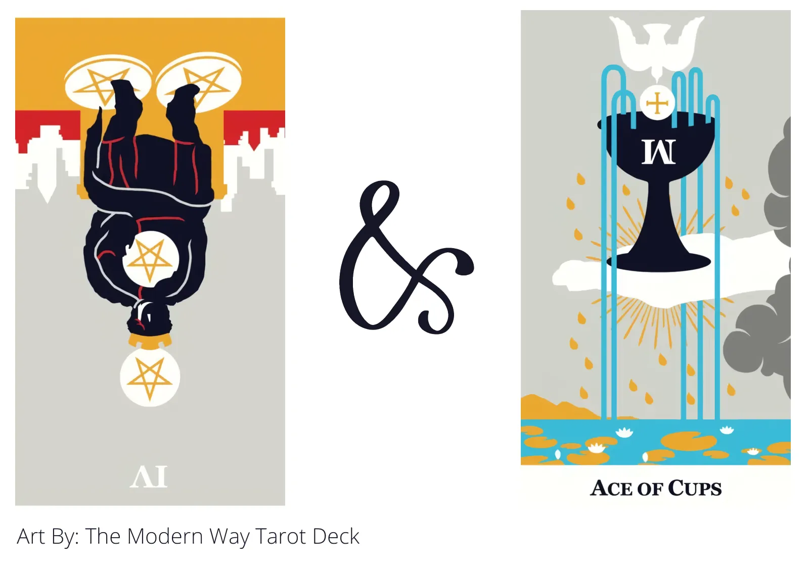 four of pentacles reversed and ace of cups tarot cards together