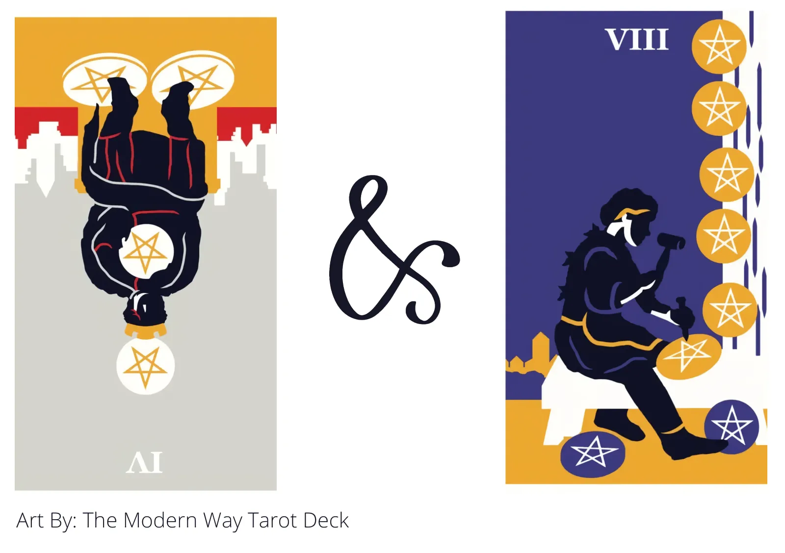 four of pentacles reversed and eight of pentacles tarot cards together