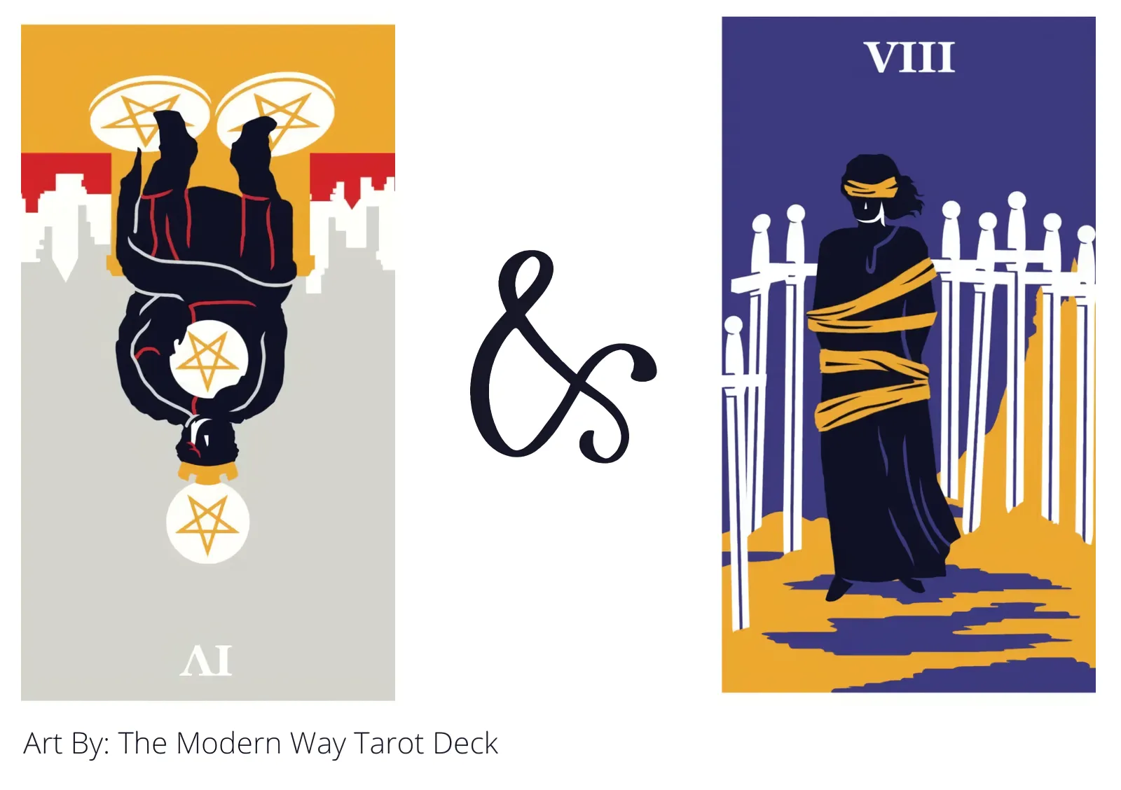 four of pentacles reversed and eight of swords tarot cards together