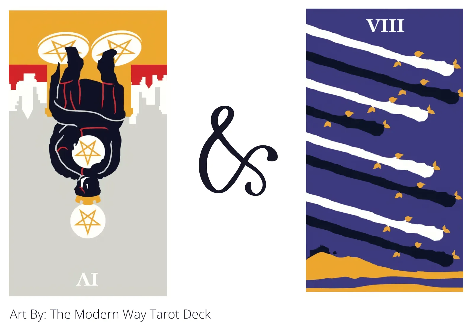 four of pentacles reversed and eight of wands tarot cards together
