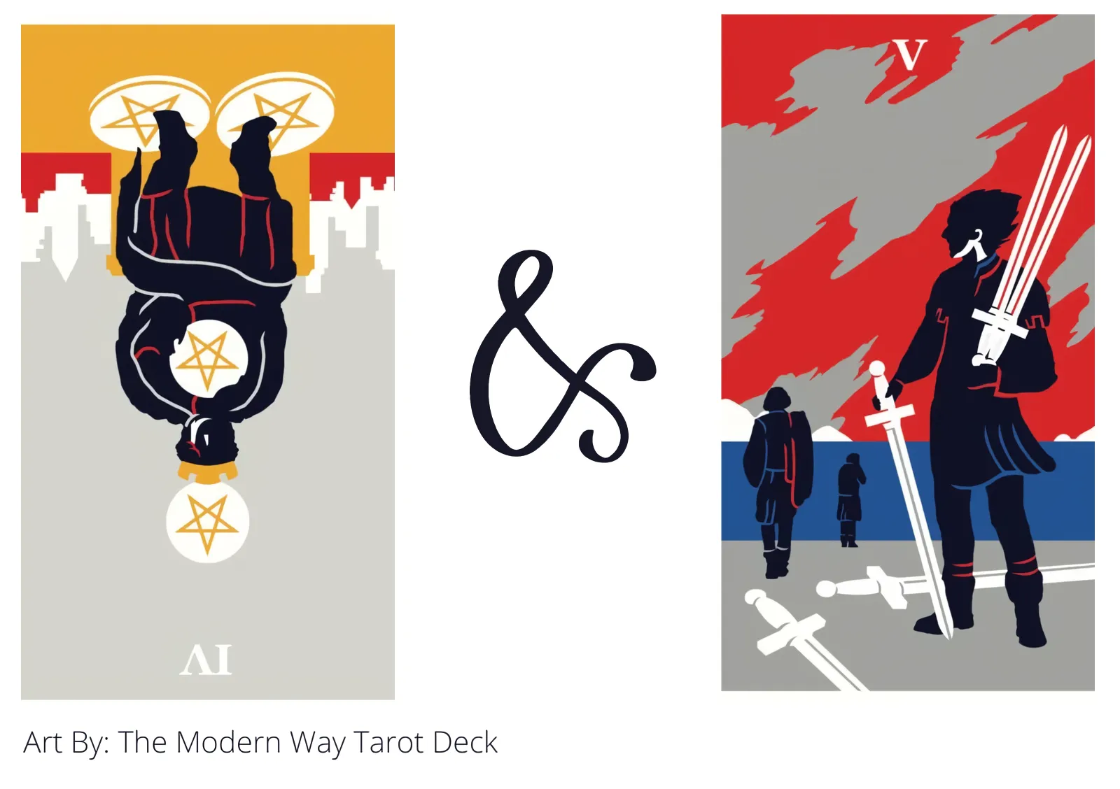 four of pentacles reversed and five of swords tarot cards together