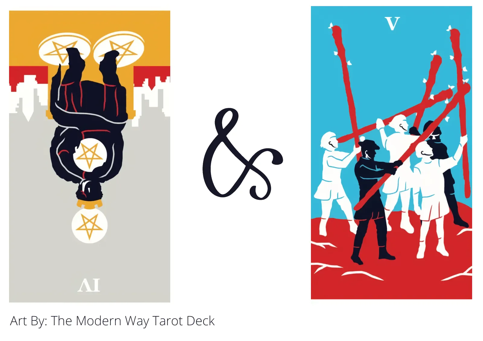 four of pentacles reversed and five of wands tarot cards together