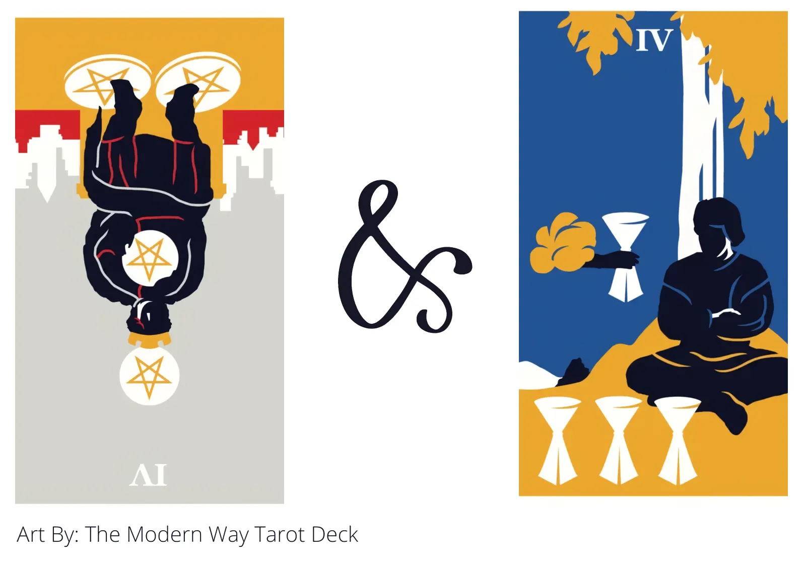 four of pentacles reversed and four of cups tarot cards together