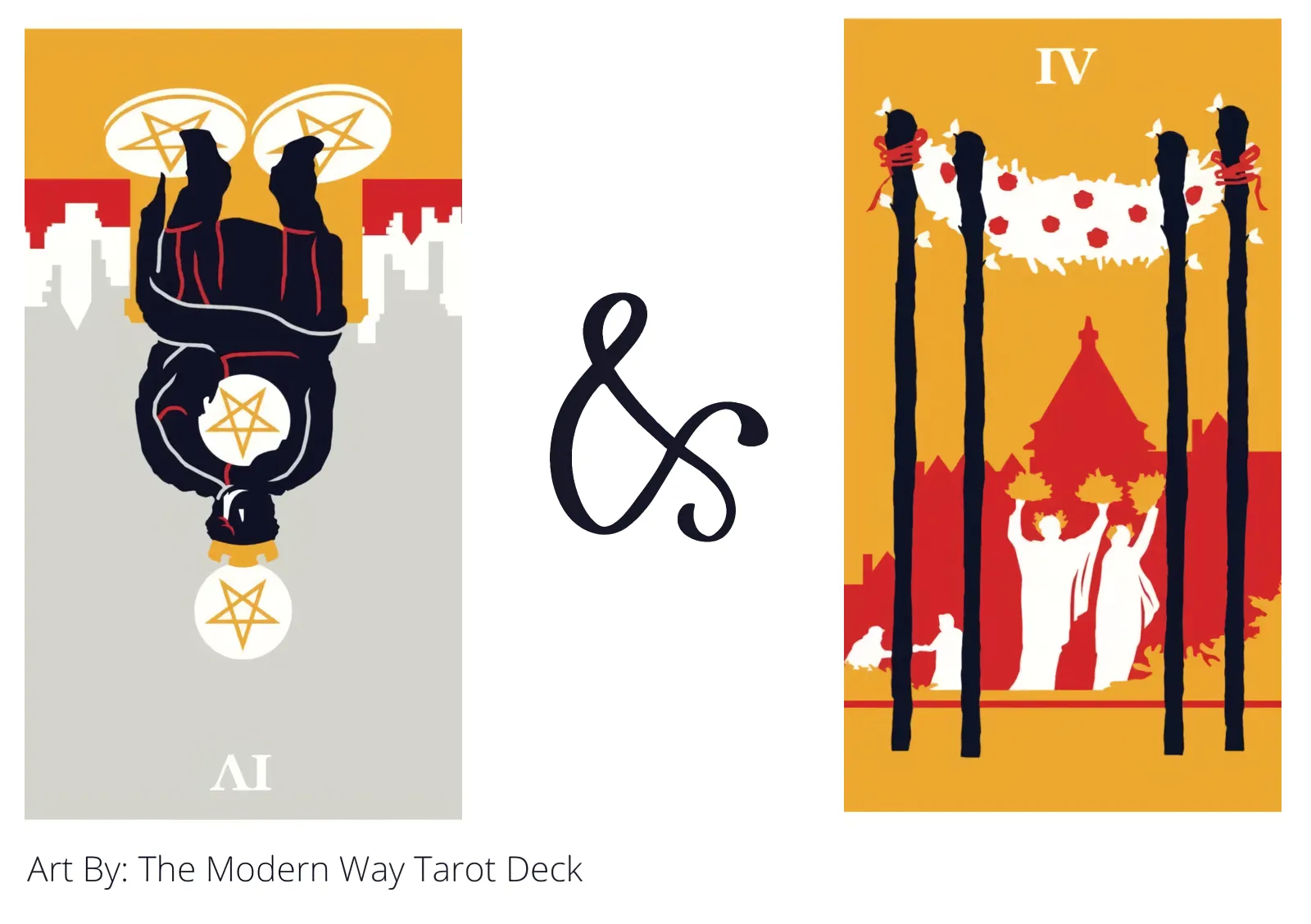 four of pentacles reversed and four of wands tarot cards together