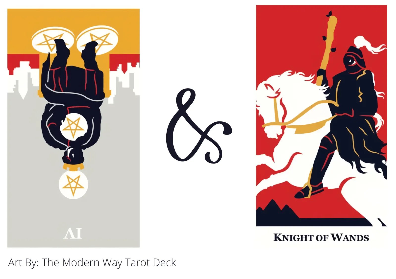 four of pentacles reversed and knight of wands tarot cards together