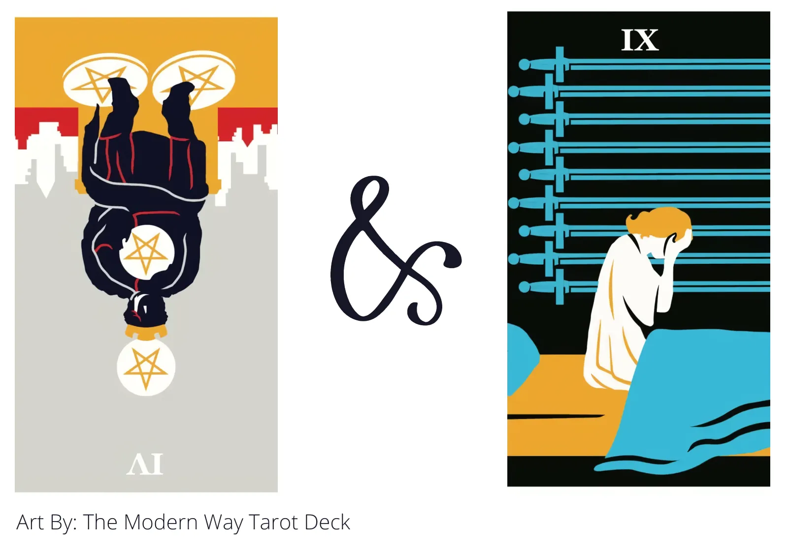 four of pentacles reversed and nine of swords tarot cards together