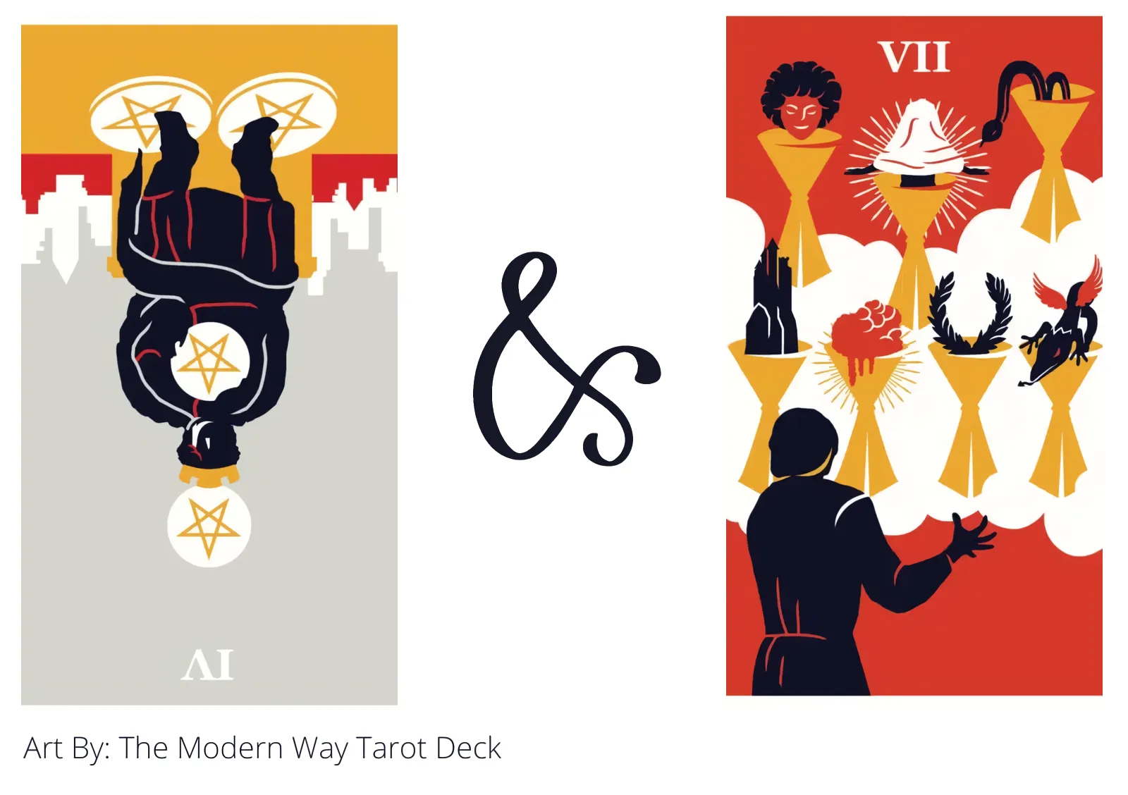 four of pentacles reversed and seven of cups tarot cards together