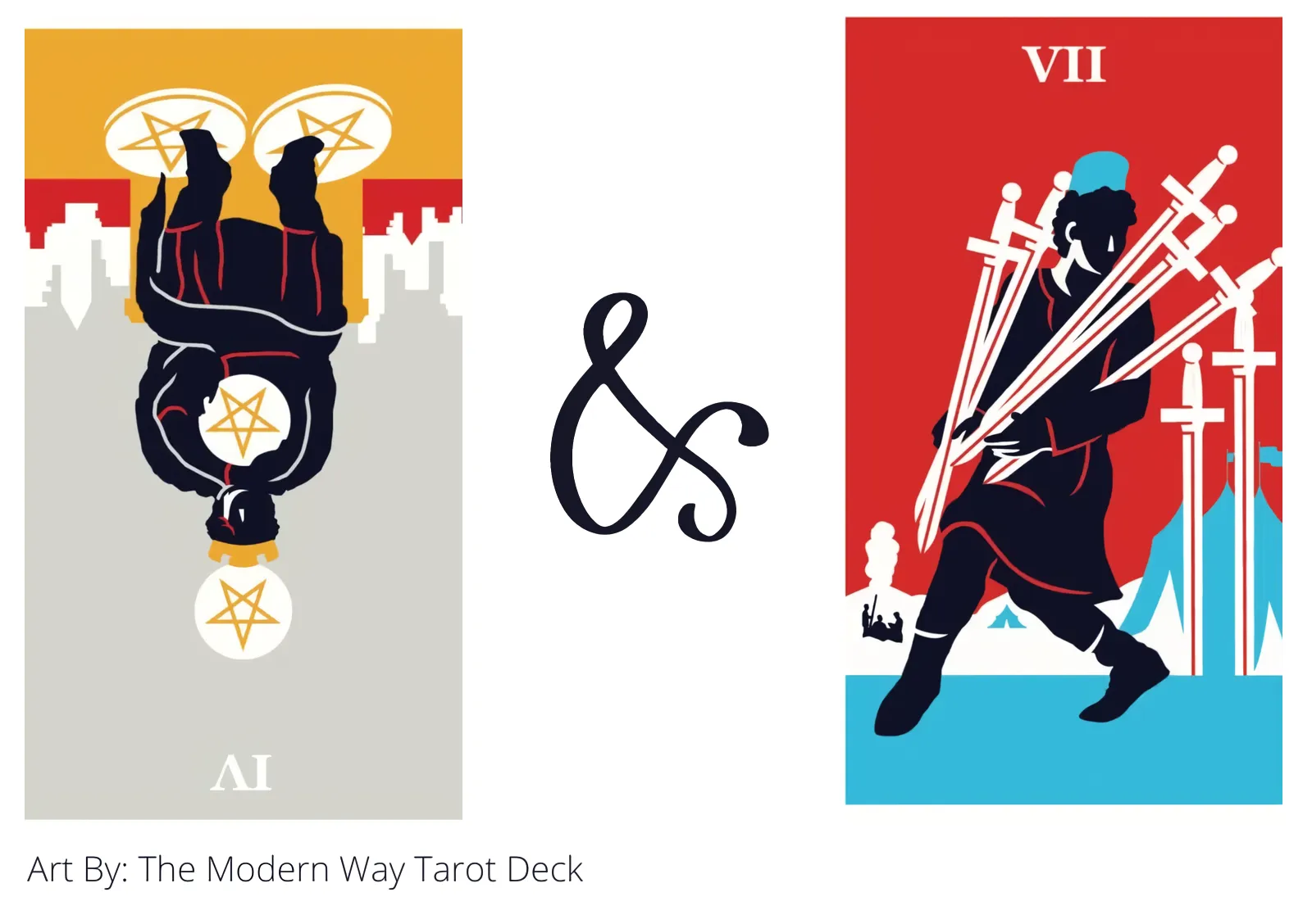 four of pentacles reversed and seven of swords tarot cards together