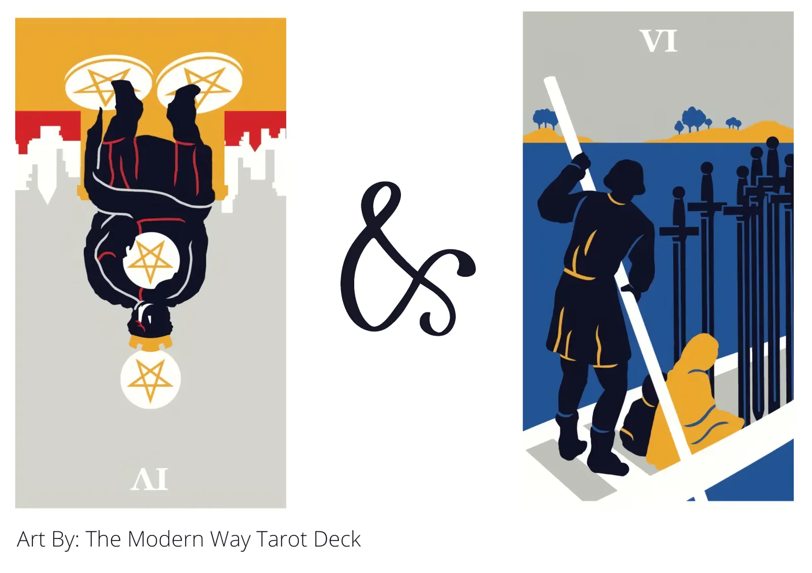 four of pentacles reversed and six of swords tarot cards together