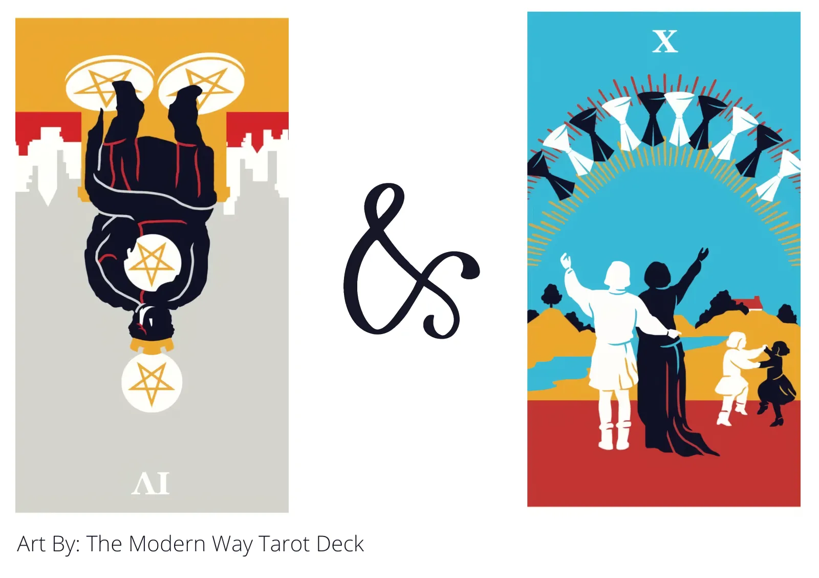 four of pentacles reversed and ten of cups tarot cards together