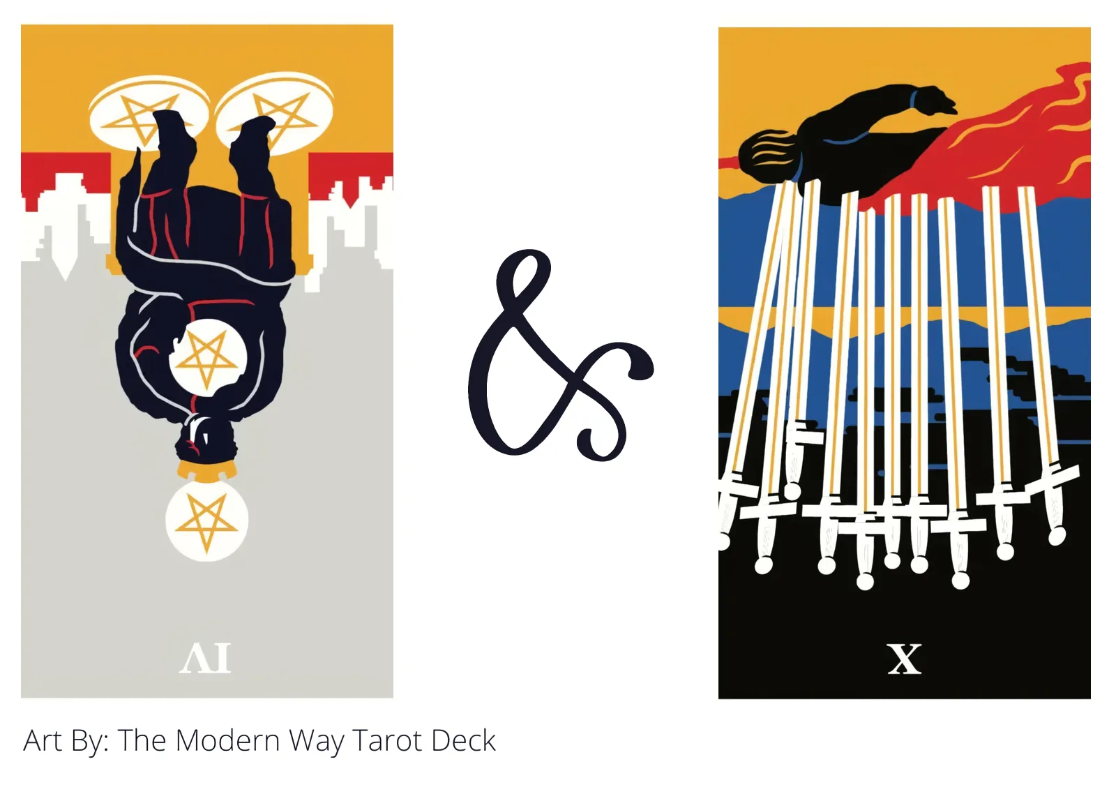 four of pentacles reversed and ten of swords reversed tarot cards together