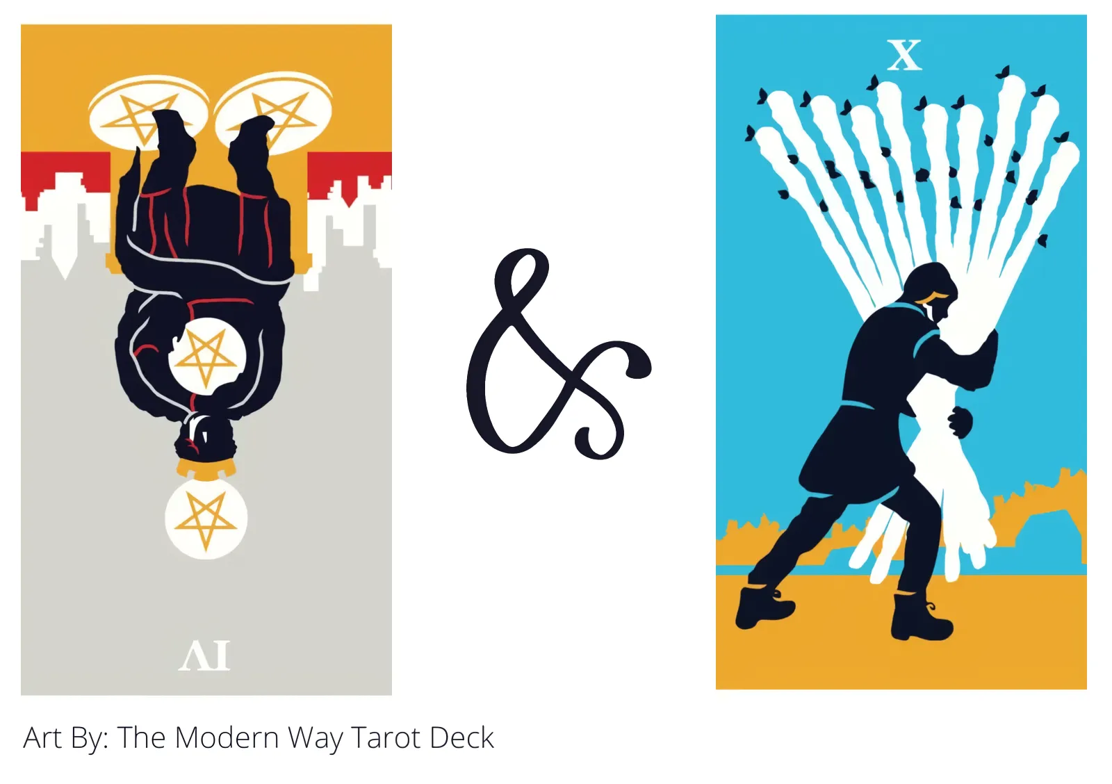 four of pentacles reversed and ten of wands tarot cards together