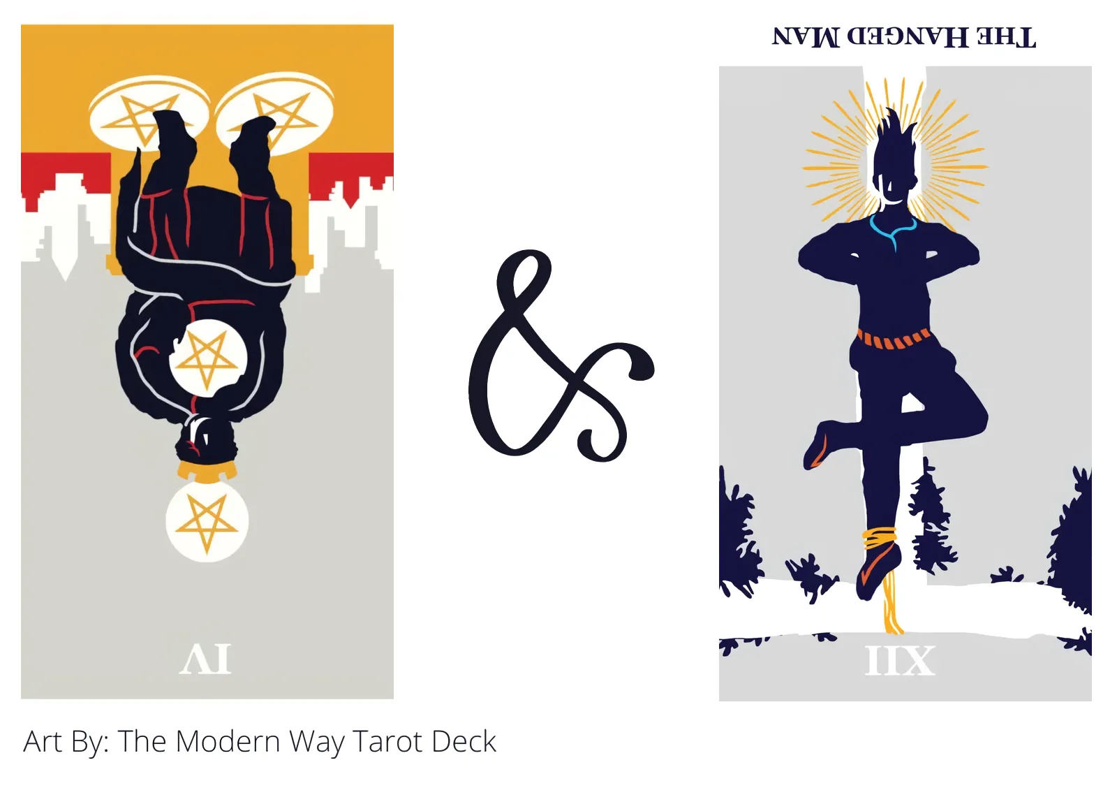 four of pentacles reversed and the hanged man reversed tarot cards together