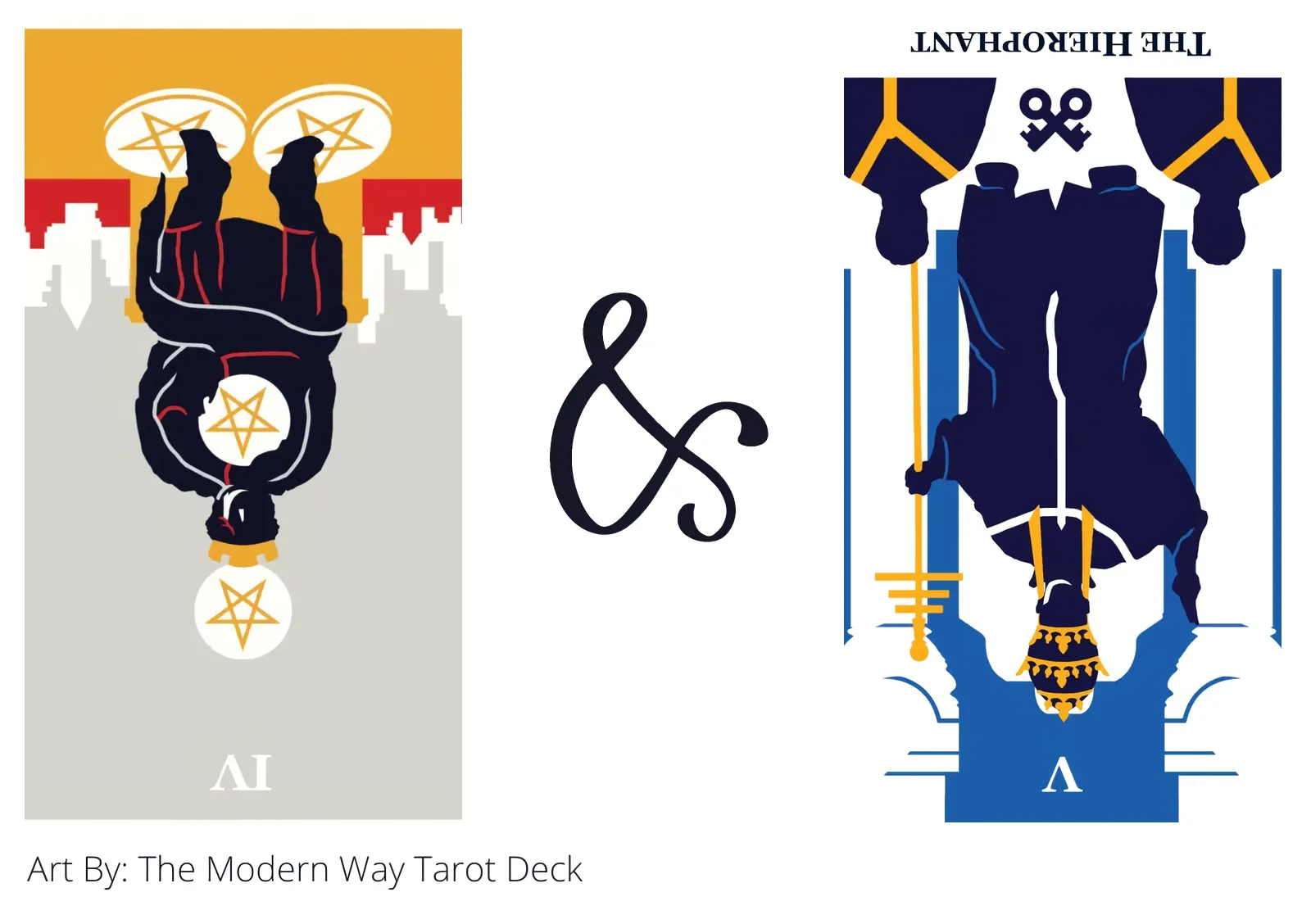 four of pentacles reversed and the hierophant reversed tarot cards together
