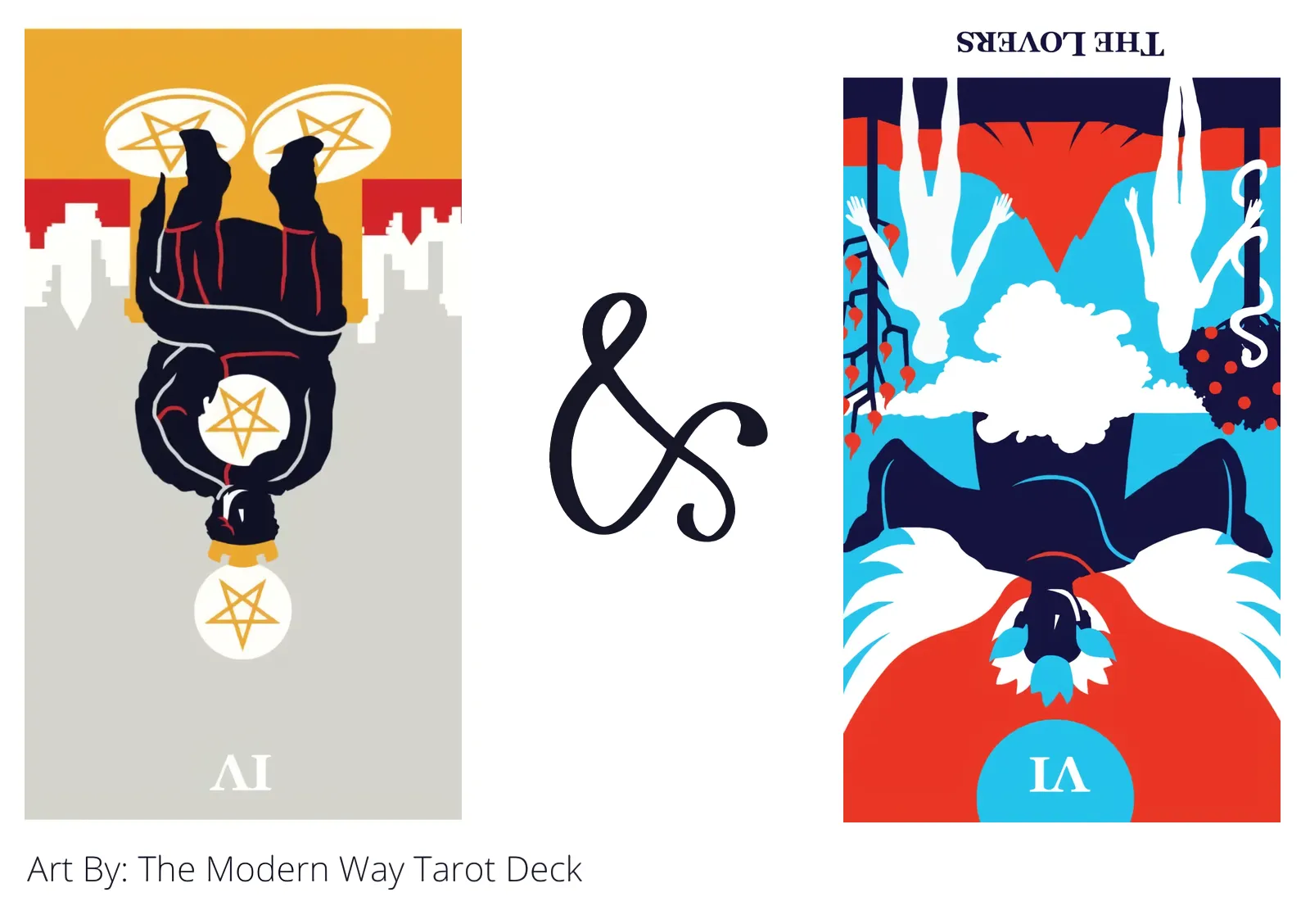 four of pentacles reversed and the lovers reversed tarot cards together