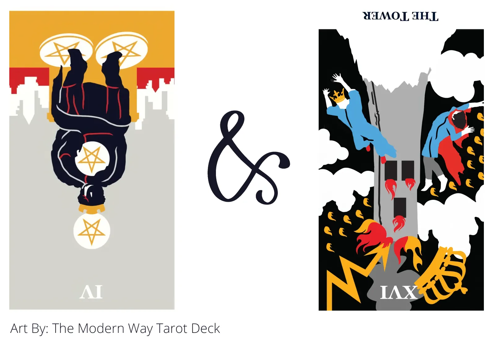 four of pentacles reversed and the tower reversed tarot cards together