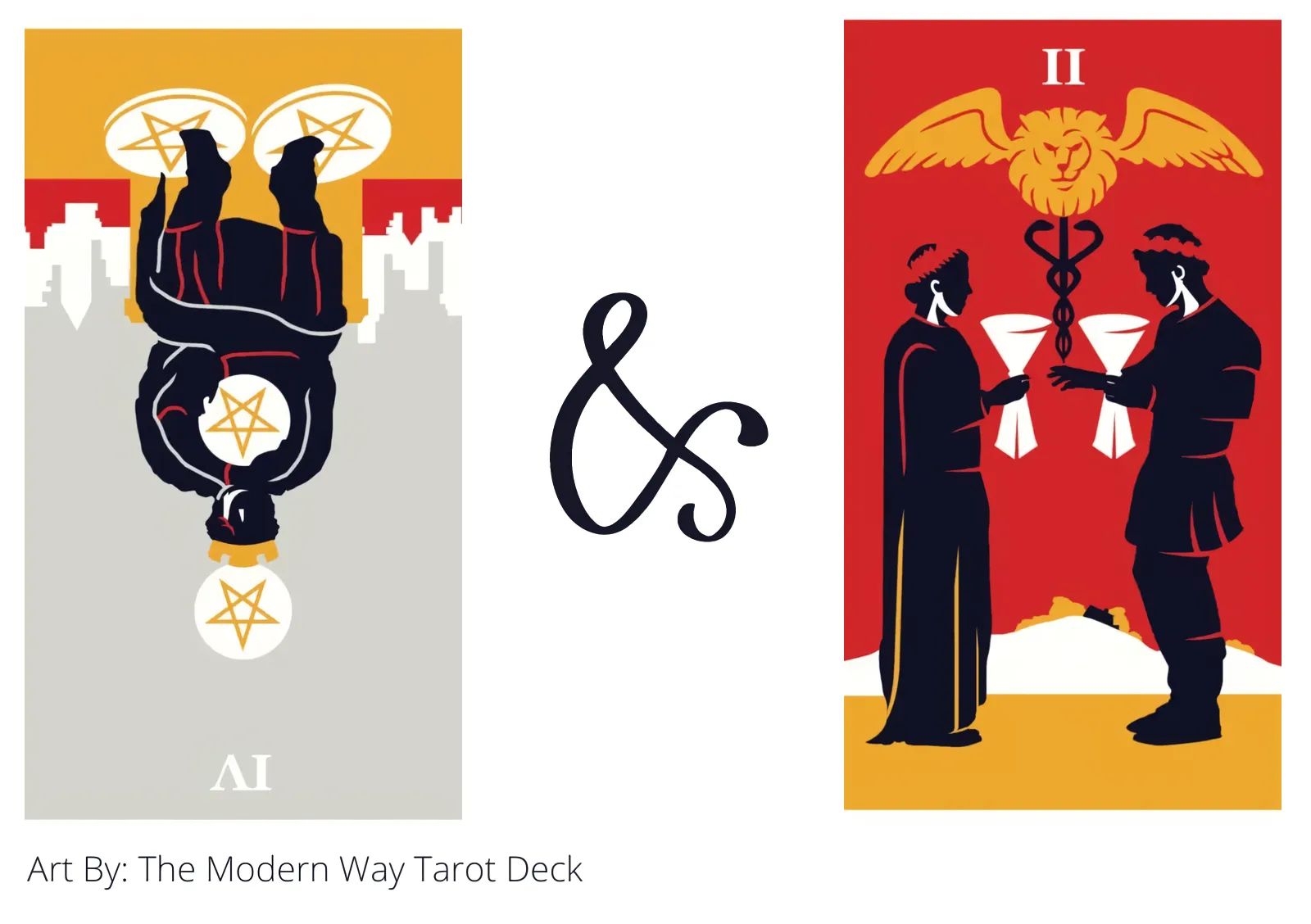 four of pentacles reversed and two of cups tarot cards together