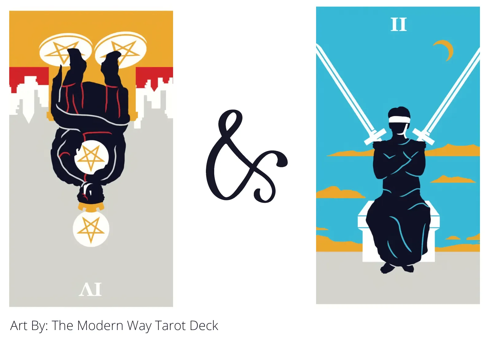 four of pentacles reversed and two of swords tarot cards together