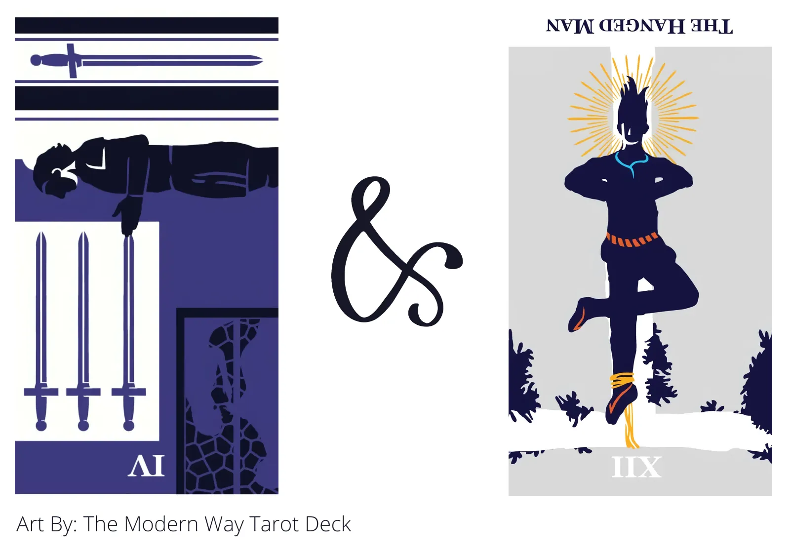 four of swords reversed and the hanged man reversed tarot cards together