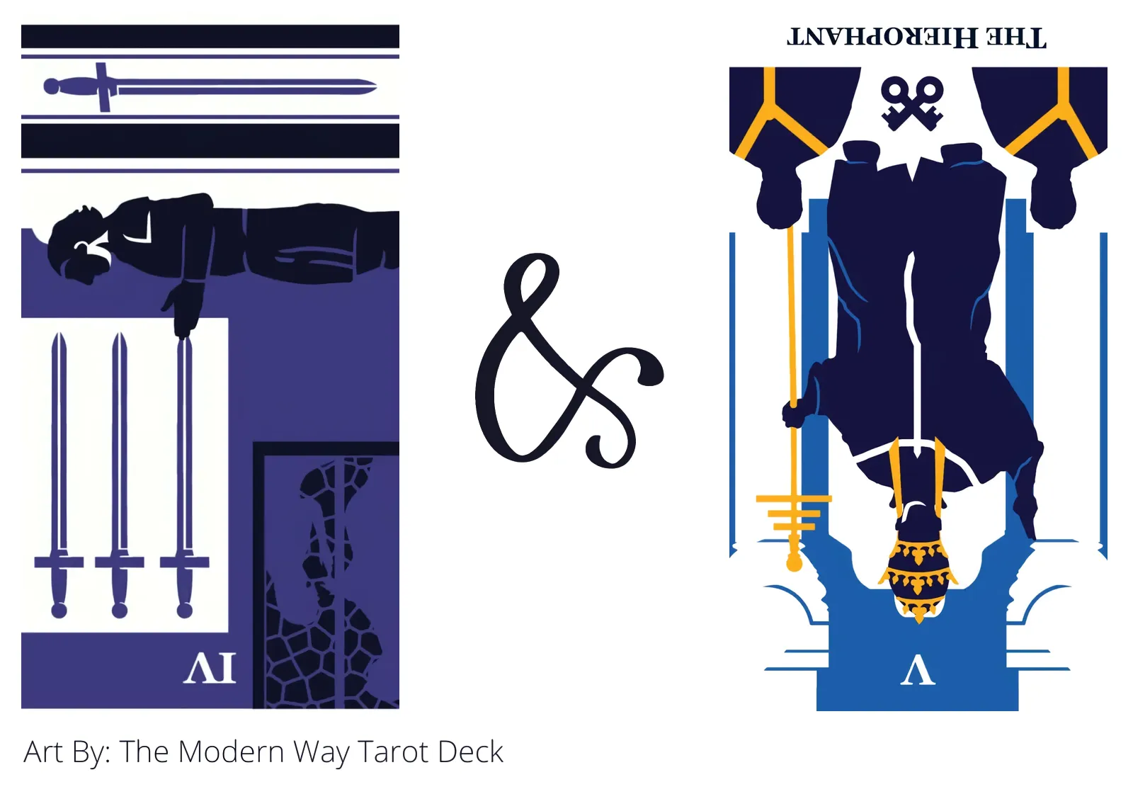 four of swords reversed and the hierophant reversed tarot cards together