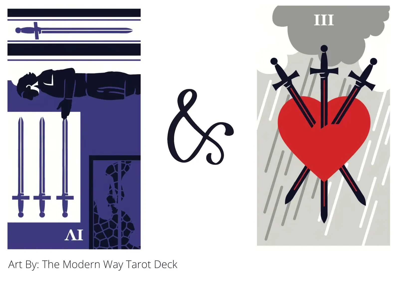 four of swords reversed and three of swords tarot cards together
