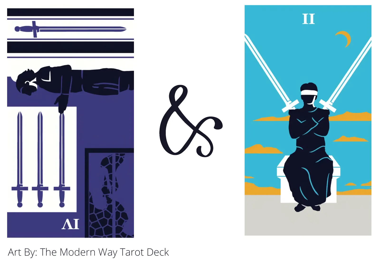 four of swords reversed and two of swords tarot cards together