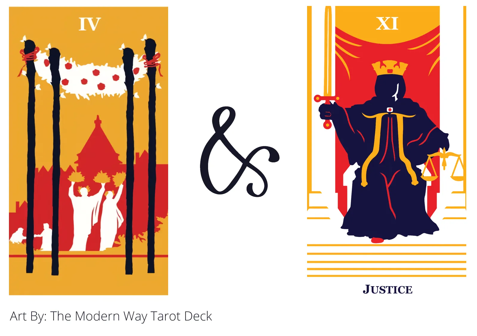 four of wands and justice tarot cards together