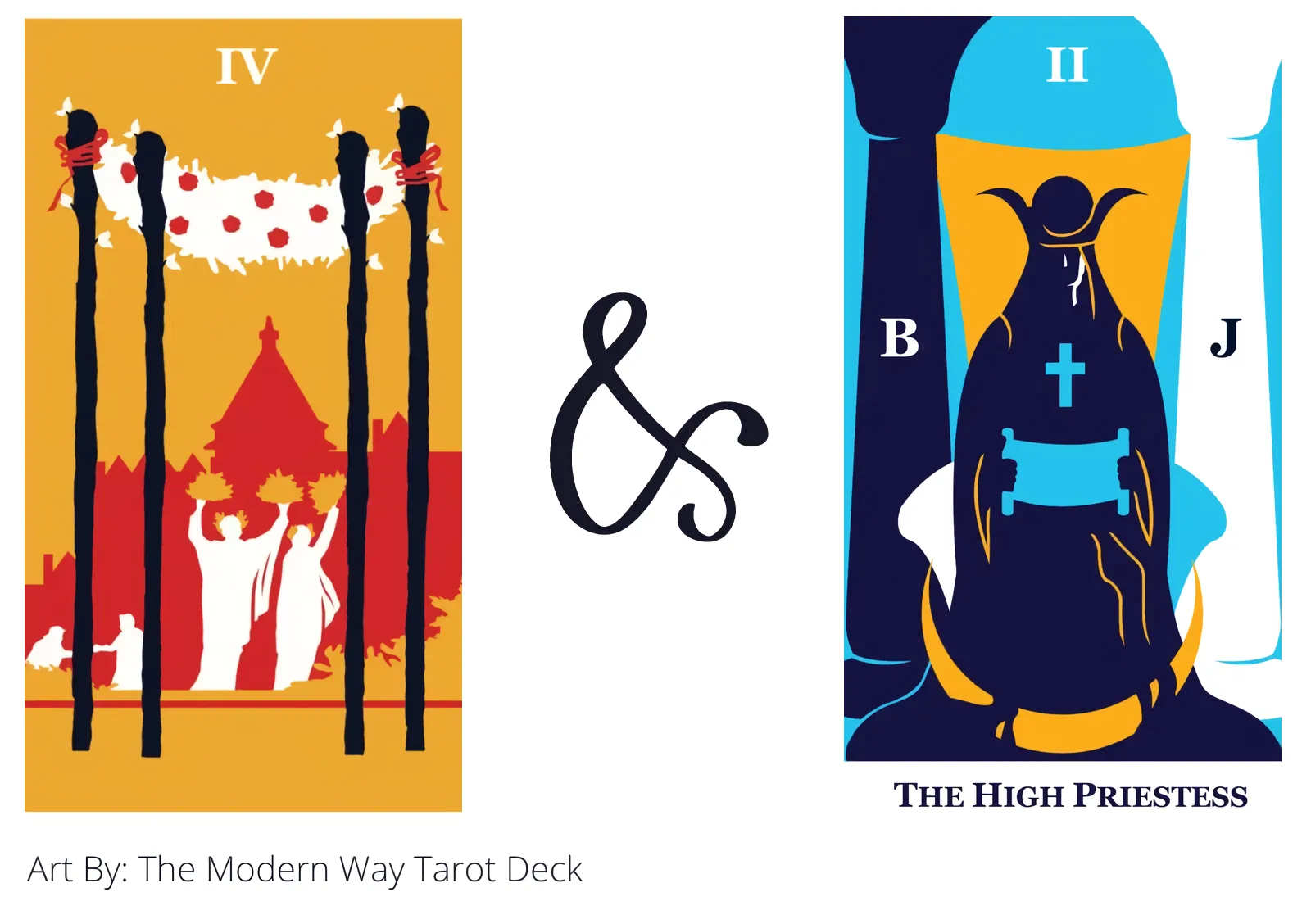 four of wands and the high priestess tarot cards together