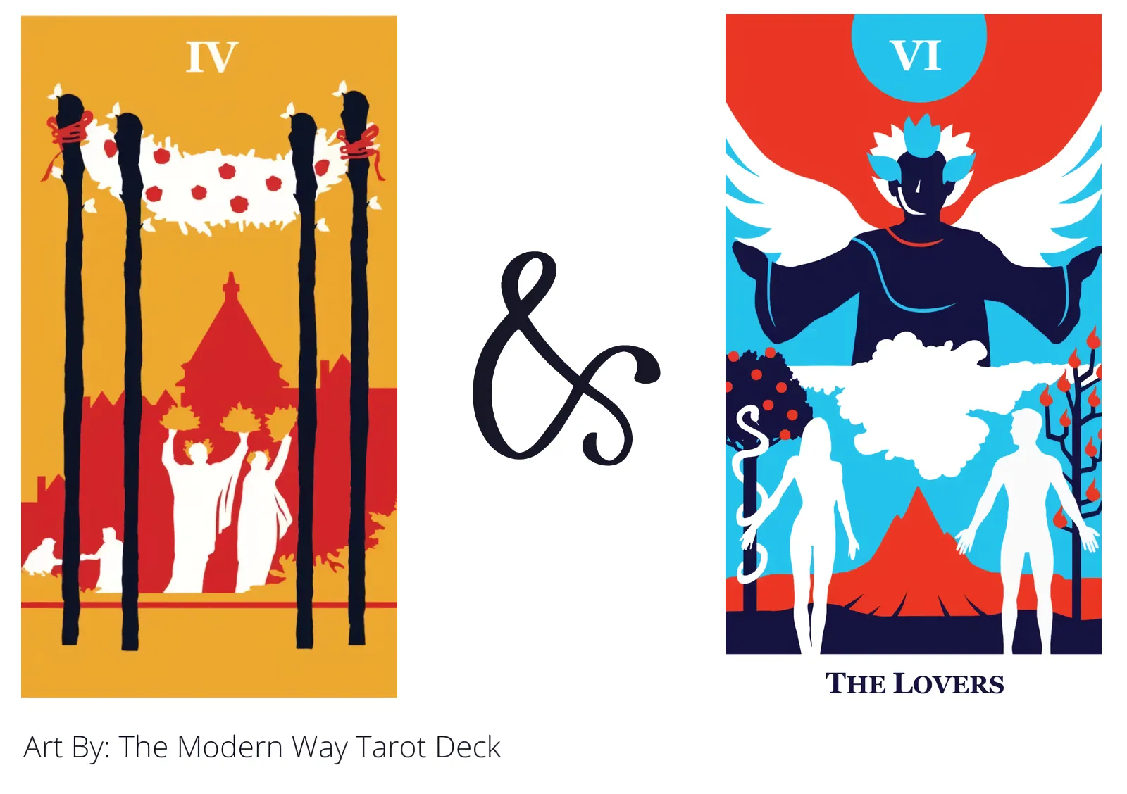 four of wands and the lovers tarot cards together