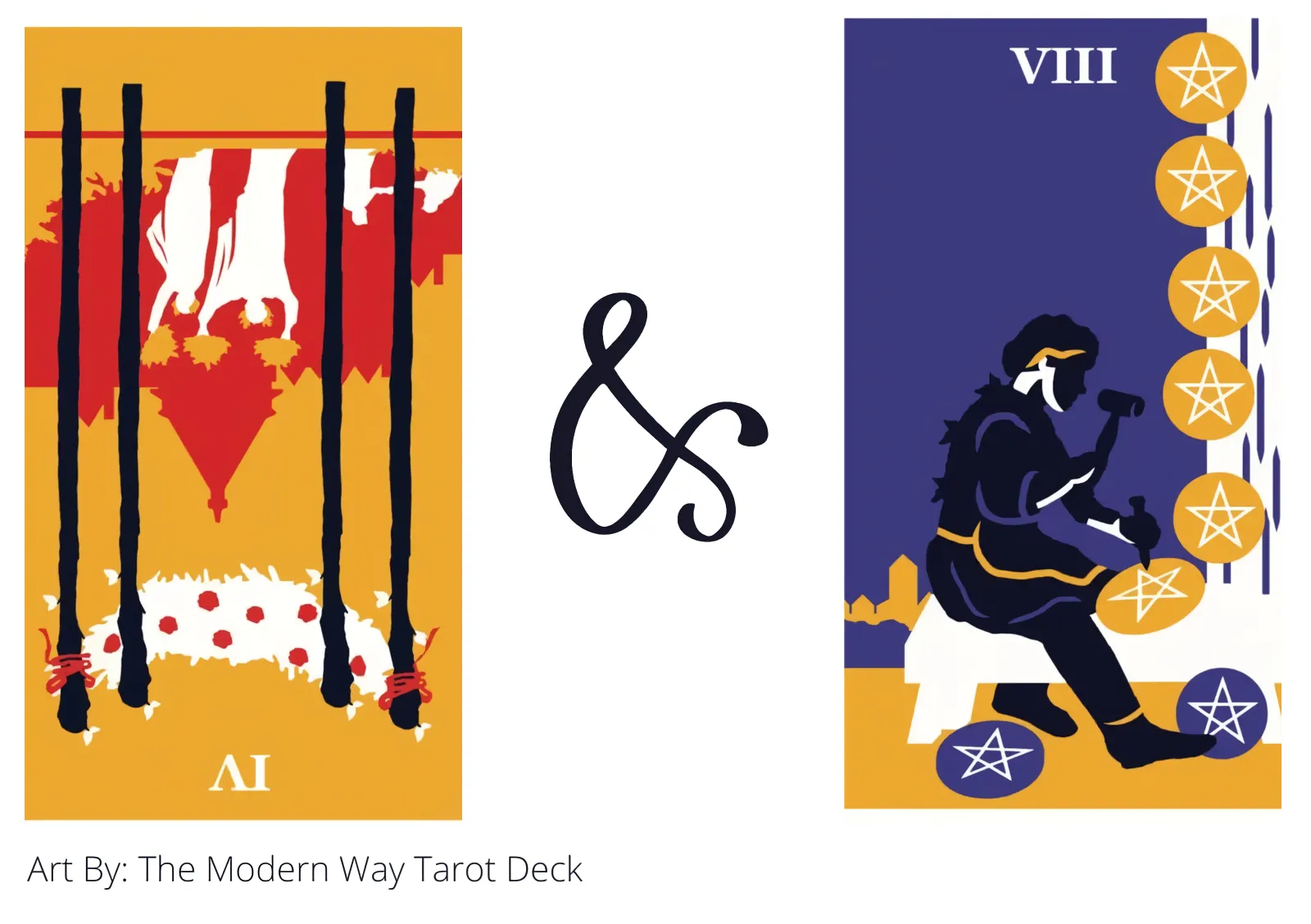 four of wands reversed and eight of pentacles tarot cards together