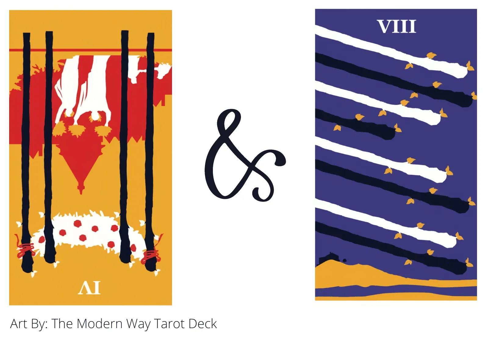four of wands reversed and eight of wands tarot cards together