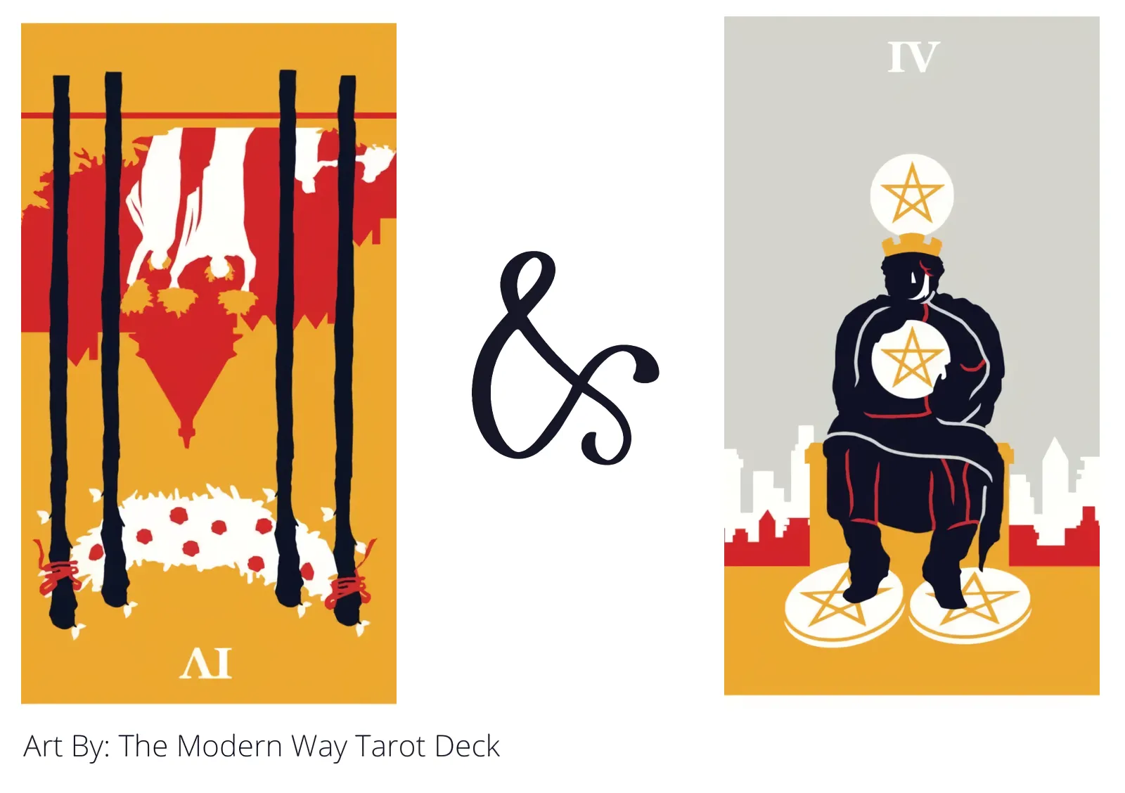 four of wands reversed and four of pentacles tarot cards together