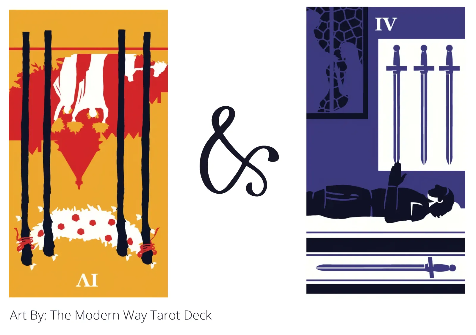 four of wands reversed and four of swords tarot cards together