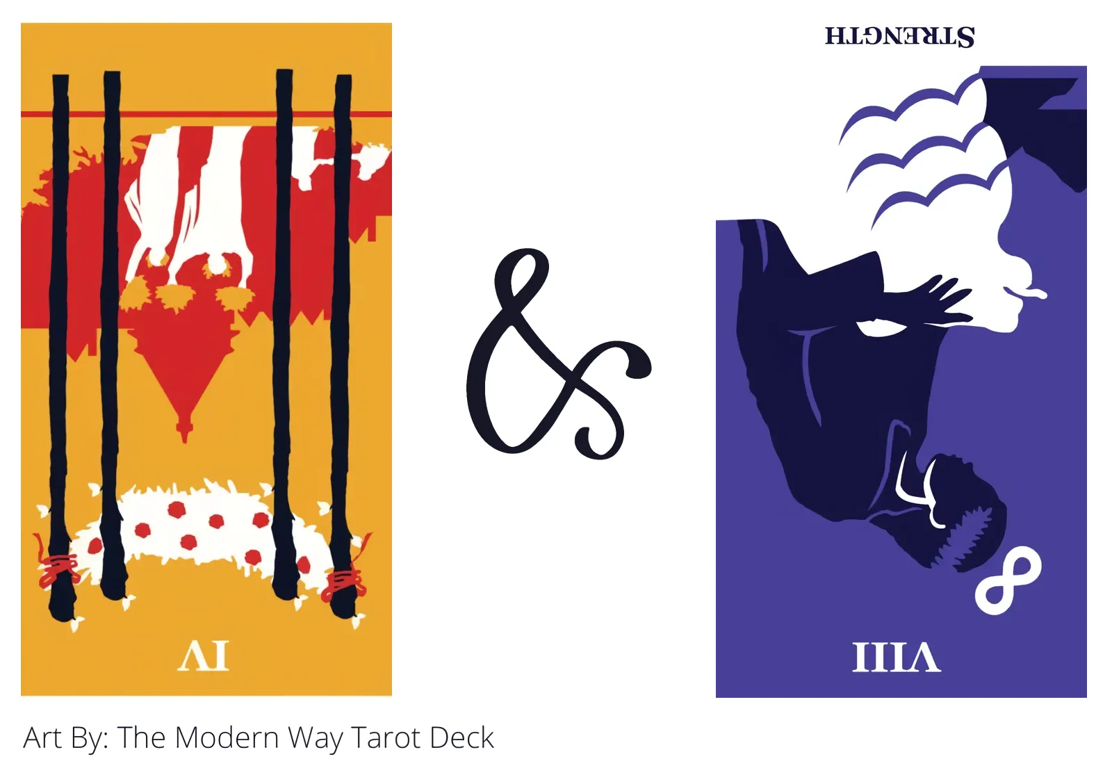 four of wands reversed and strength reversed tarot cards together