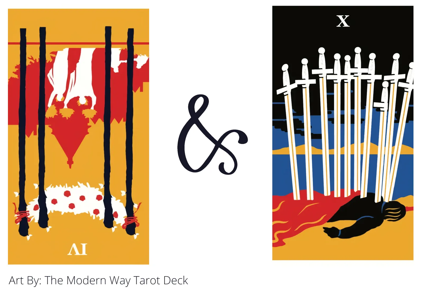 four of wands reversed and ten of swords tarot cards together