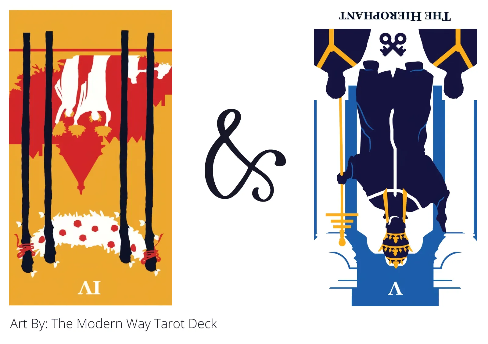 four of wands reversed and the hierophant reversed tarot cards together