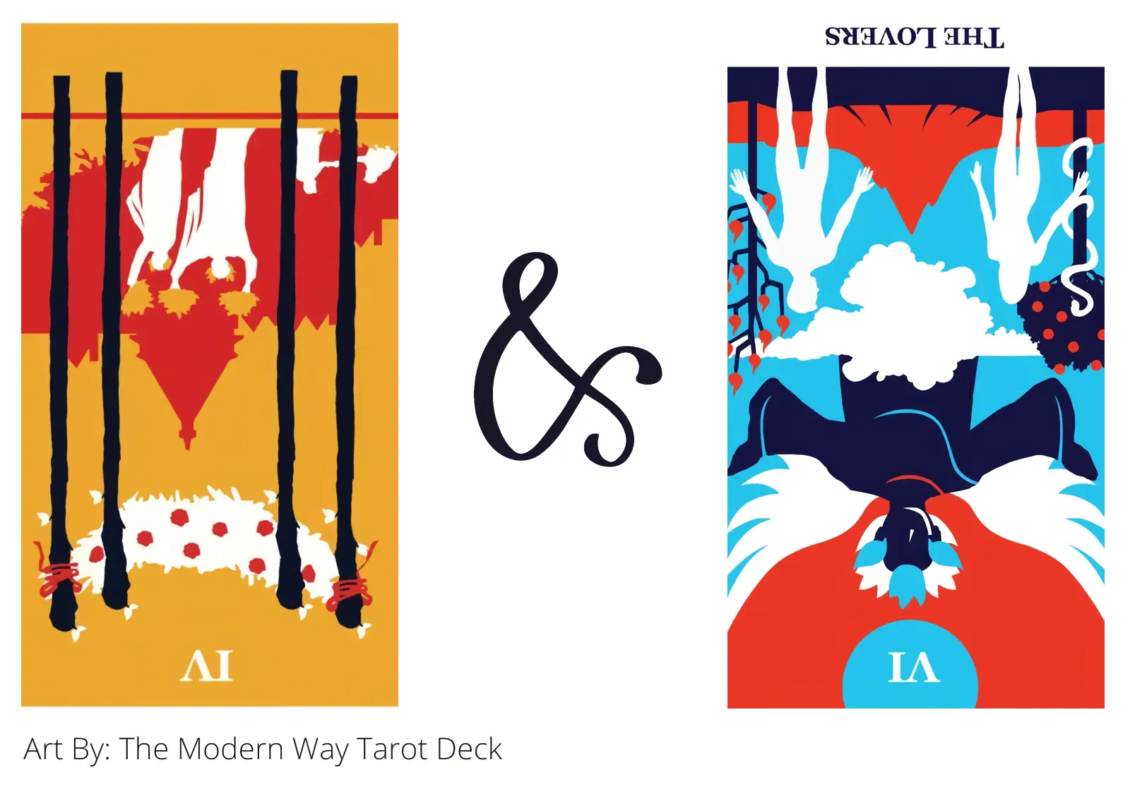 four of wands reversed and the lovers reversed tarot cards together