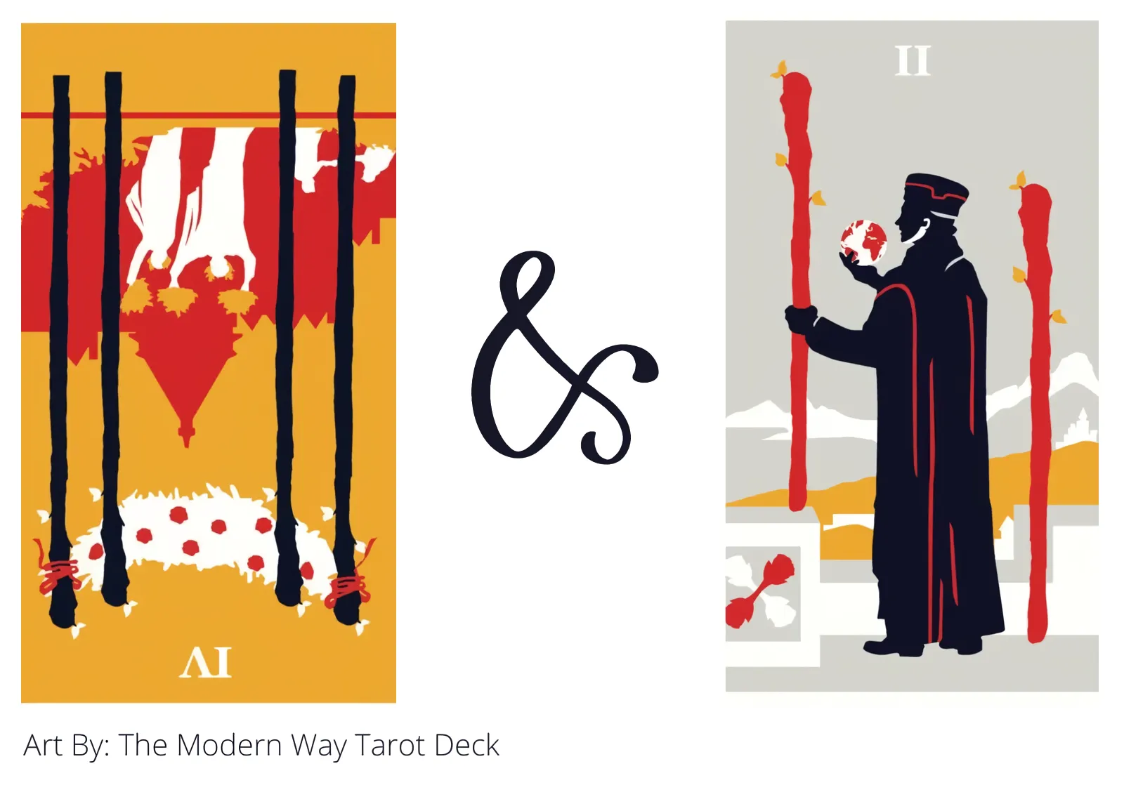 four of wands reversed and two of wands tarot cards together