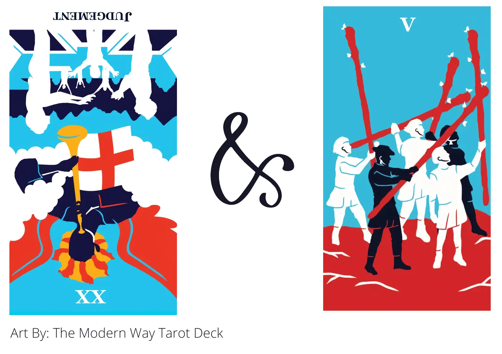 judgement reversed and five of wands tarot cards together