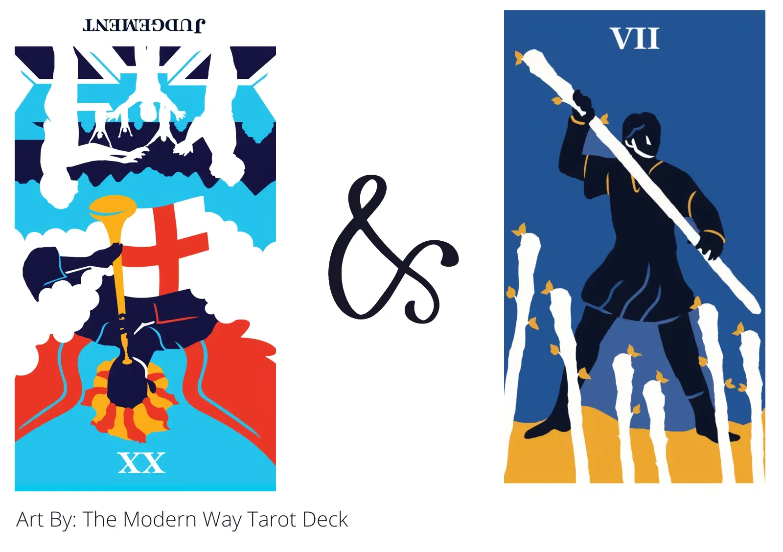 judgement reversed and seven of wands tarot cards together