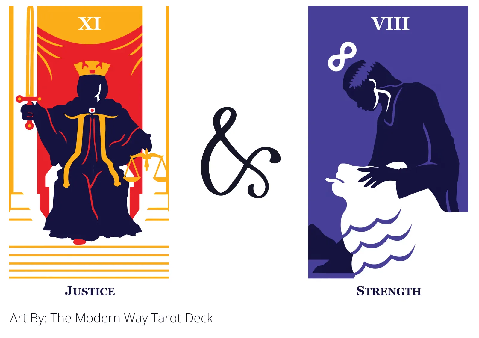 justice and strength tarot cards together