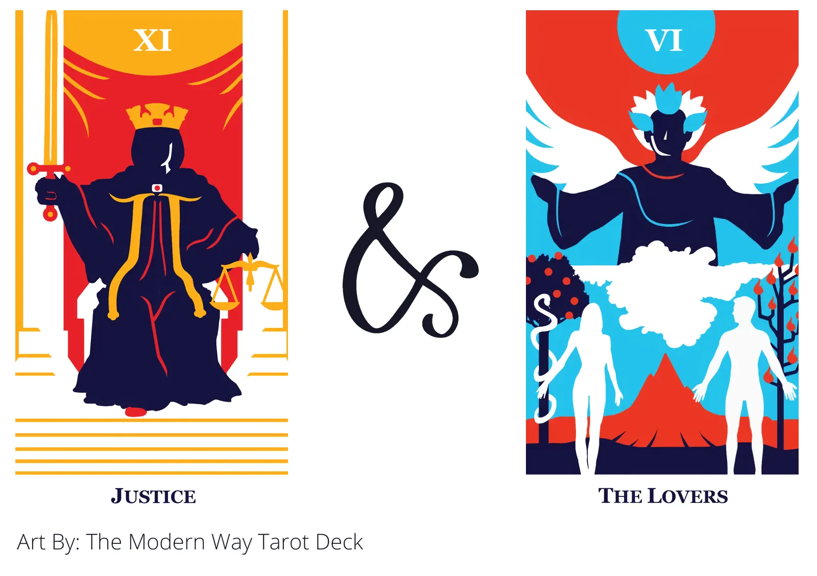 justice and the lovers tarot cards together
